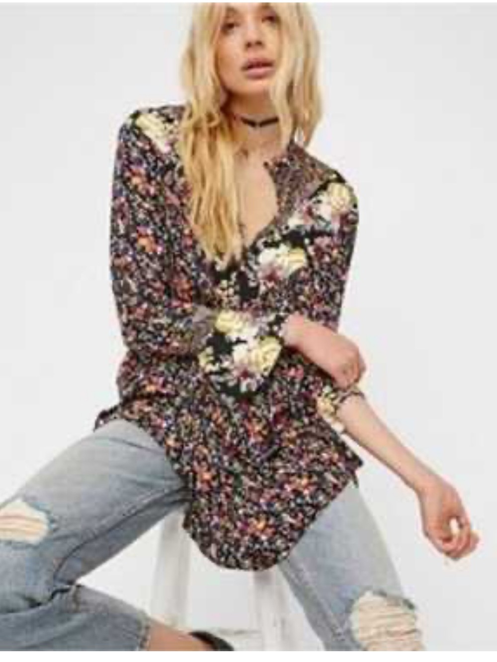 Free People Floral Wildflower Tunic Top - Black with Yellow & Pink Accents